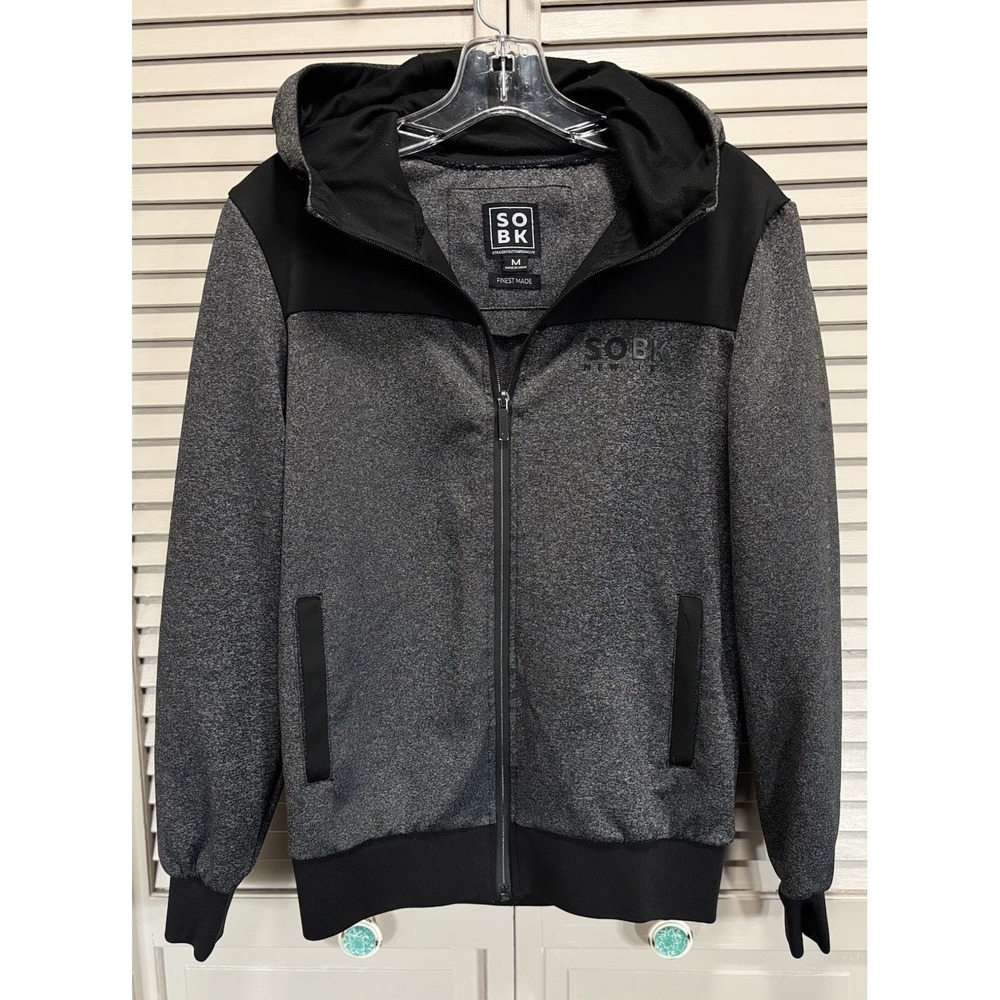 SOBK New York Zip Up Jacket Mens Size Medium Black/Gray Logo Pockets Hood